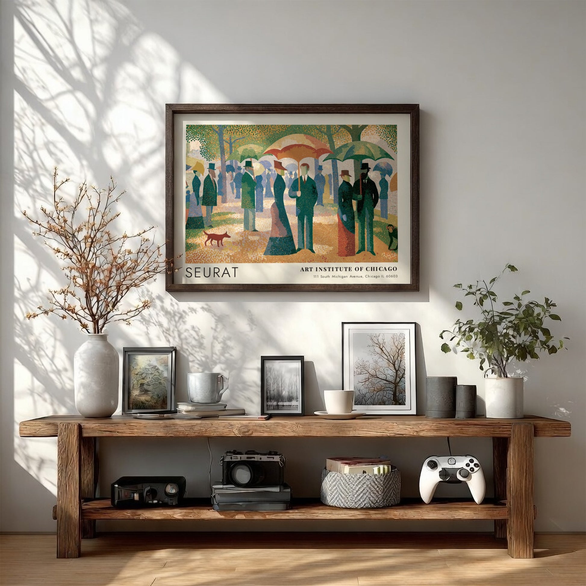 Wall art poster featuring Seurat Un Dimanche a la Grande Jatte in wood frame.