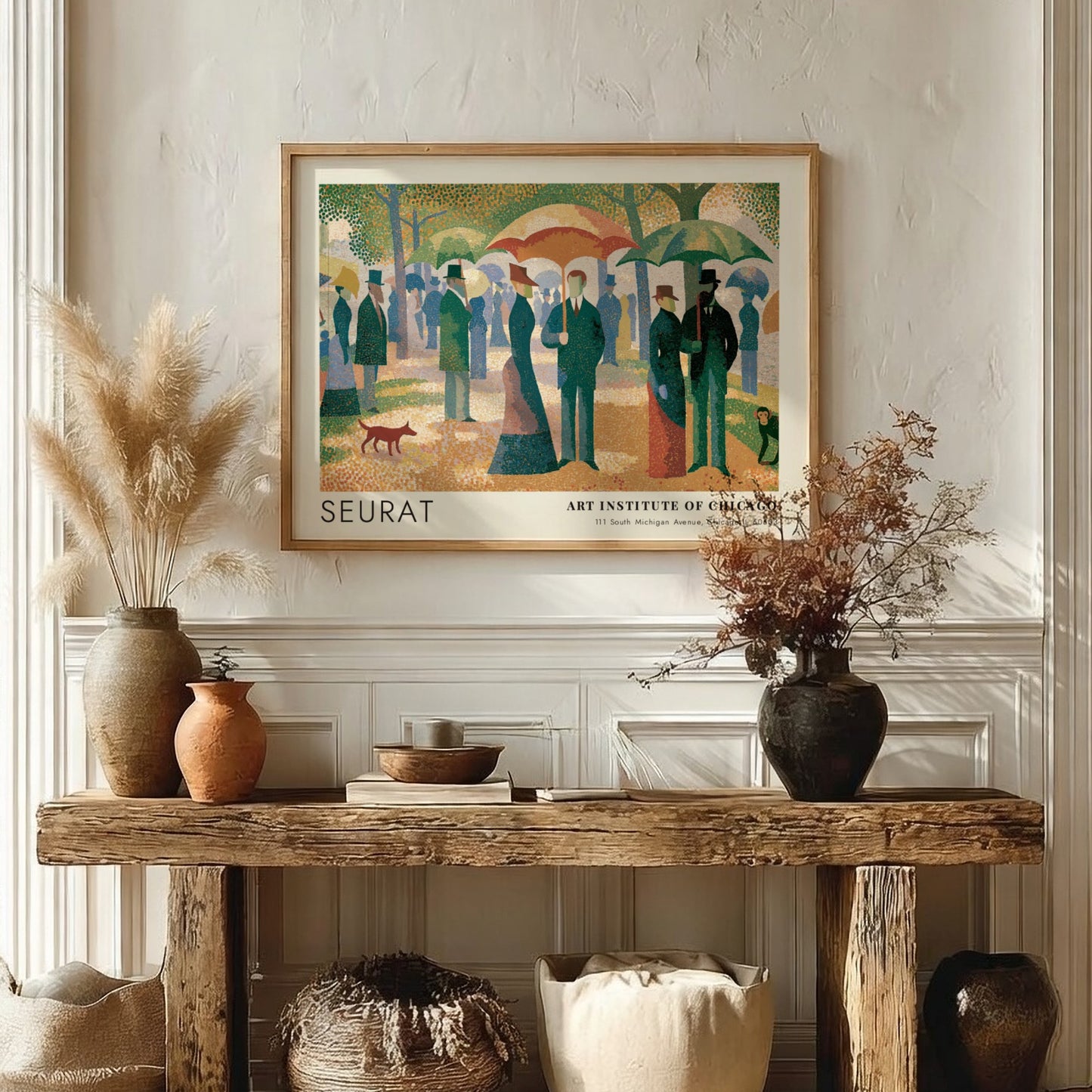 Wall art poster featuring Seurat Un Dimanche a la Grande Jatte in wood frame.