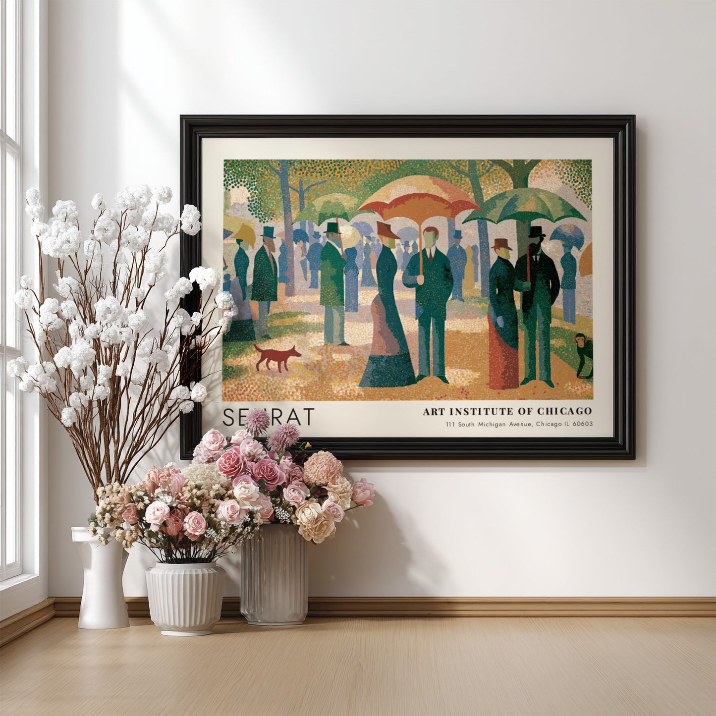 Wall art poster featuring Seurat Un Dimanche a la Grande Jatte in wood frame.