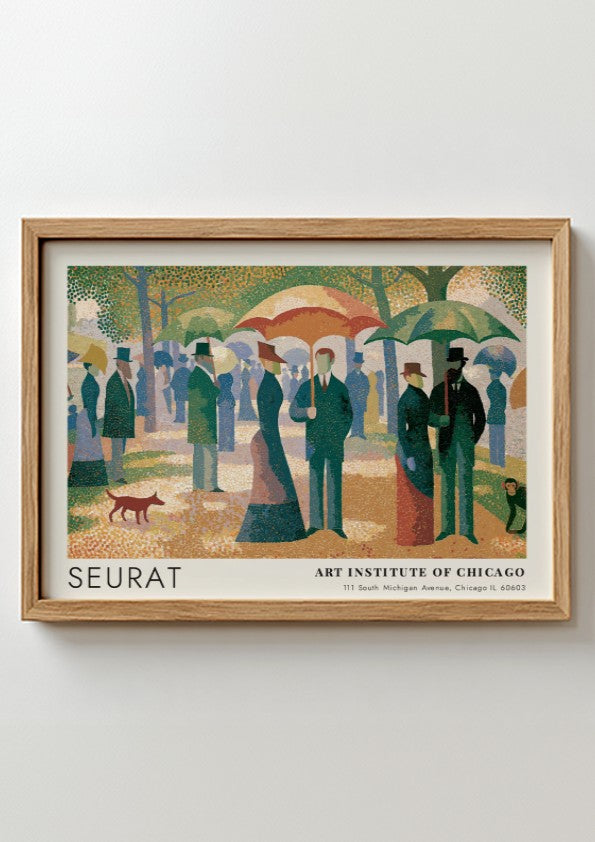 Wall art poster featuring Seurat Un Dimanche a la Grande Jatte in wood frame.