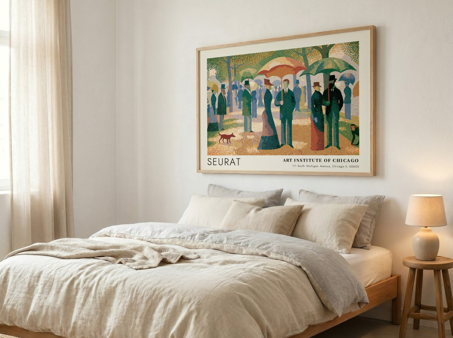 Wall art poster featuring Seurat Un Dimanche a la Grande Jatte in wood frame.