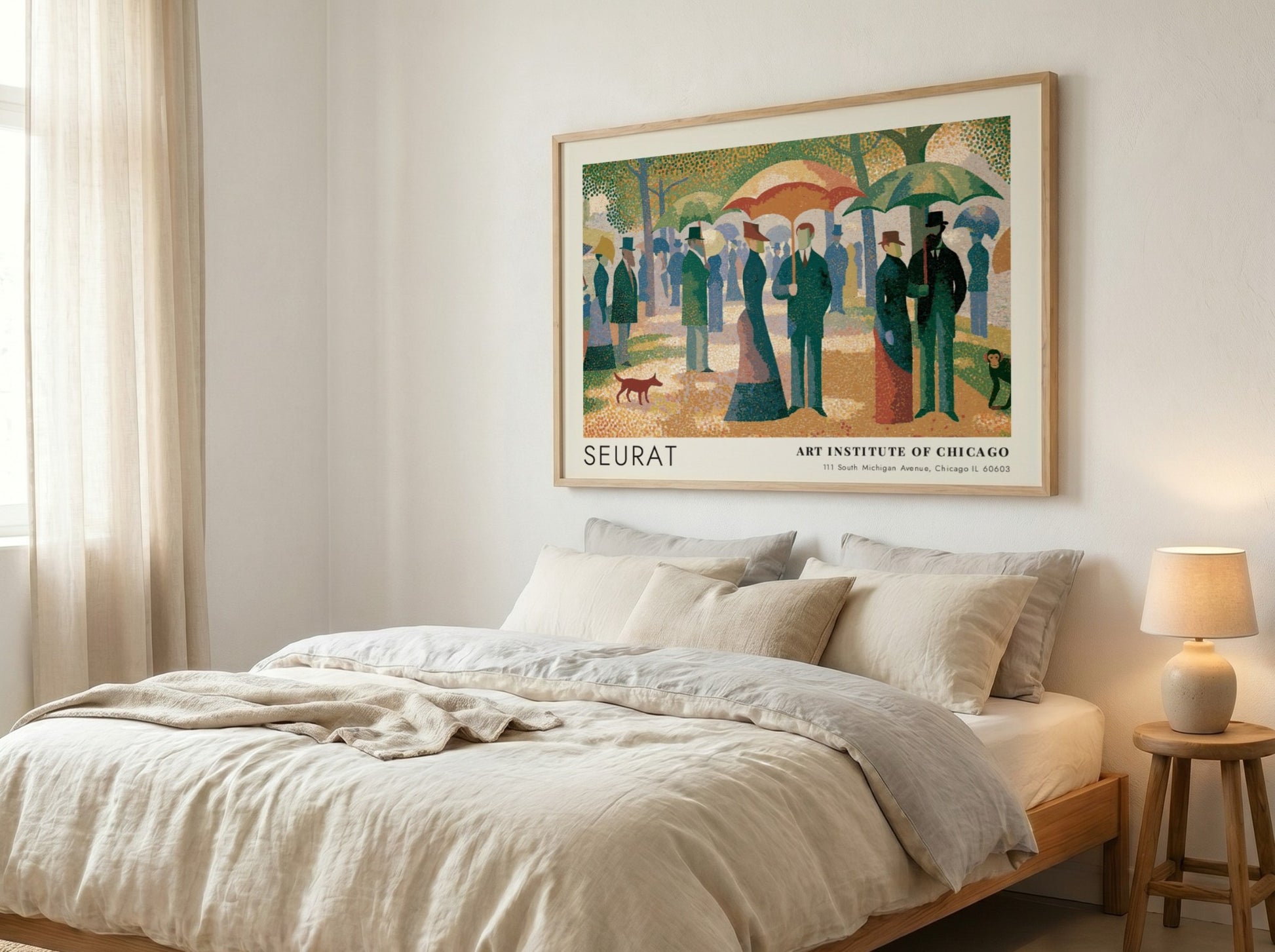 Wall art poster featuring Seurat Un Dimanche a la Grande Jatte in wood frame.