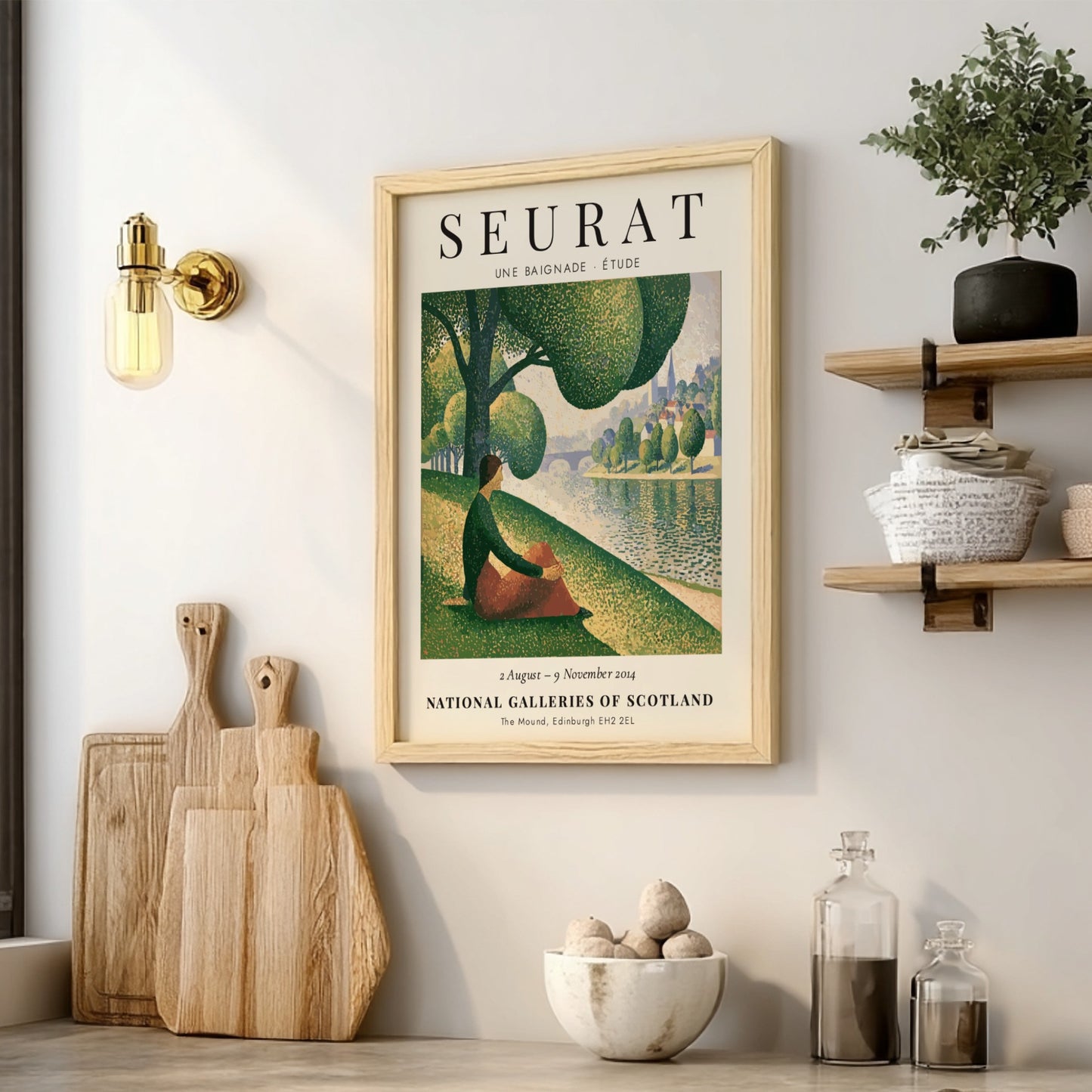 Art print of Seurat's Une Baignade featuring soft greens and warm tones in a tranquil riverside scene