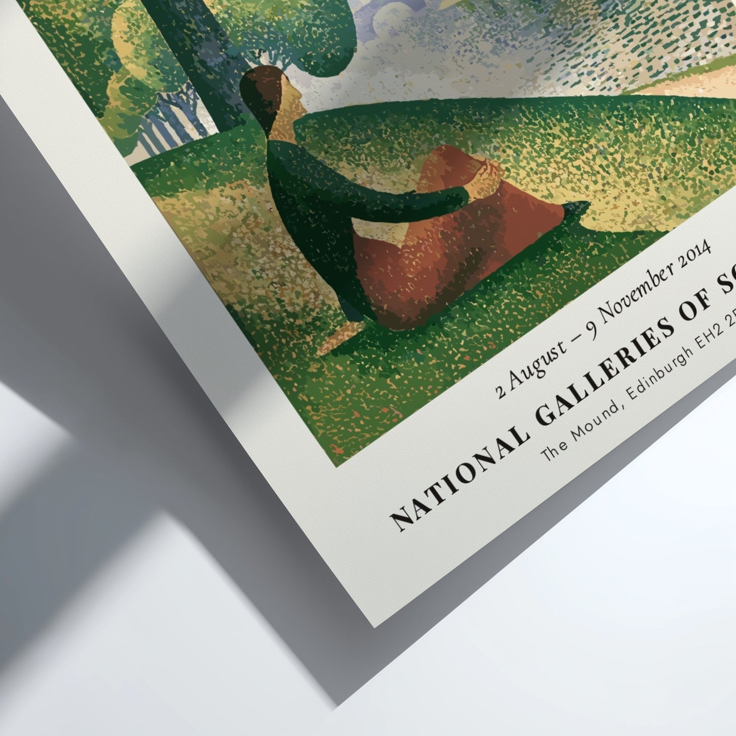 Art print of Seurat's Une Baignade featuring soft greens and warm tones in a tranquil riverside scene