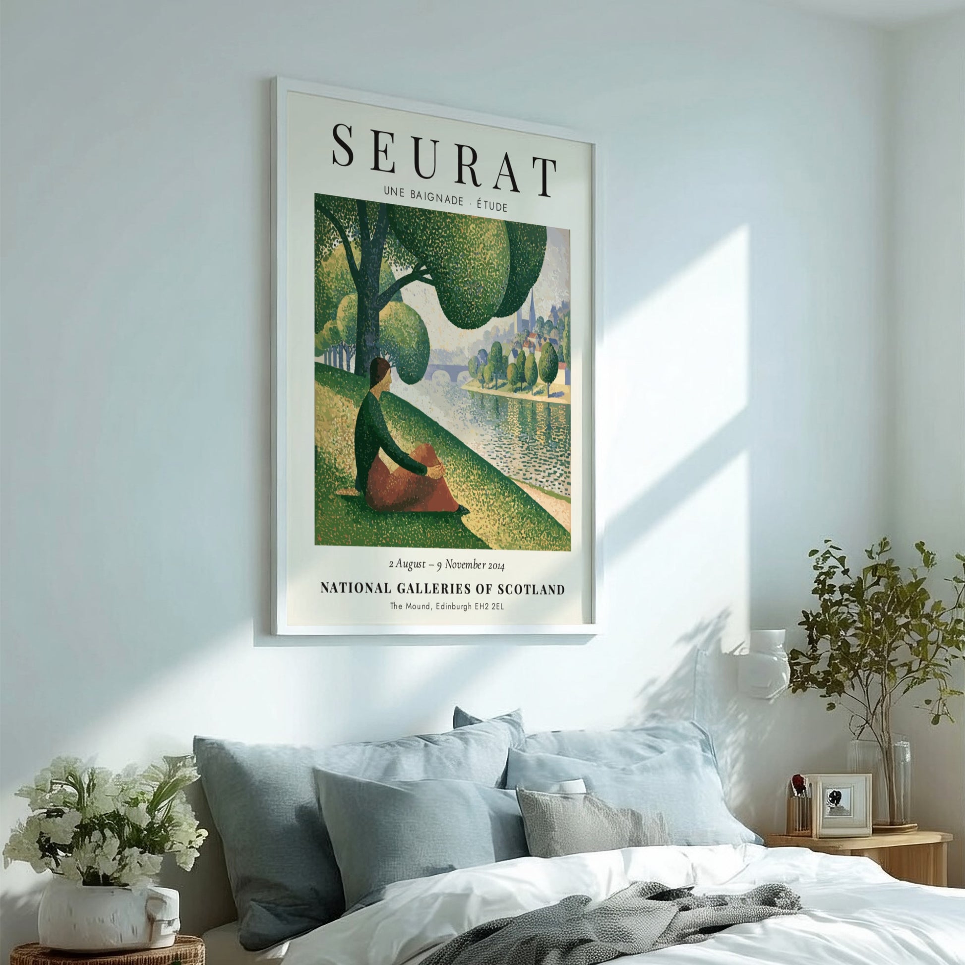 Art print of Seurat's Une Baignade featuring soft greens and warm tones in a tranquil riverside scene