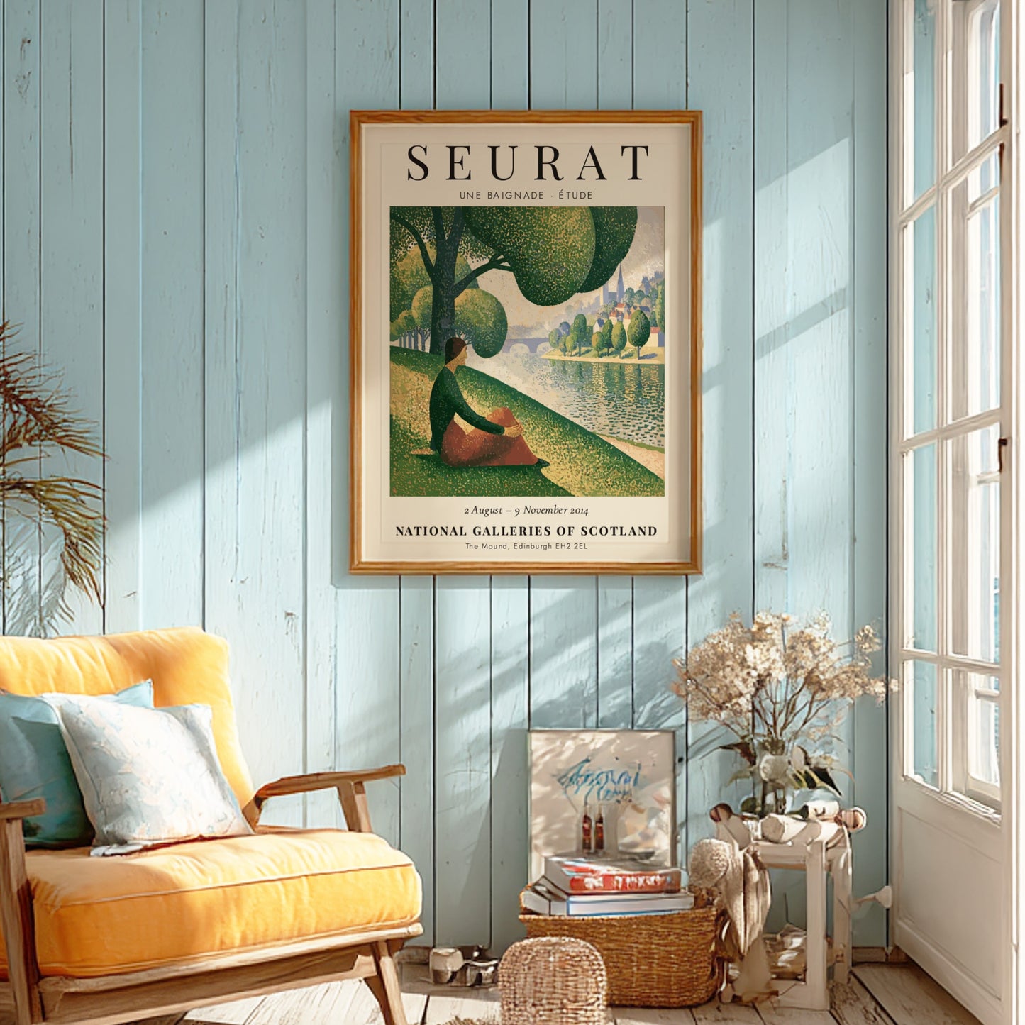 Art print of Seurat's Une Baignade featuring soft greens and warm tones in a tranquil riverside scene