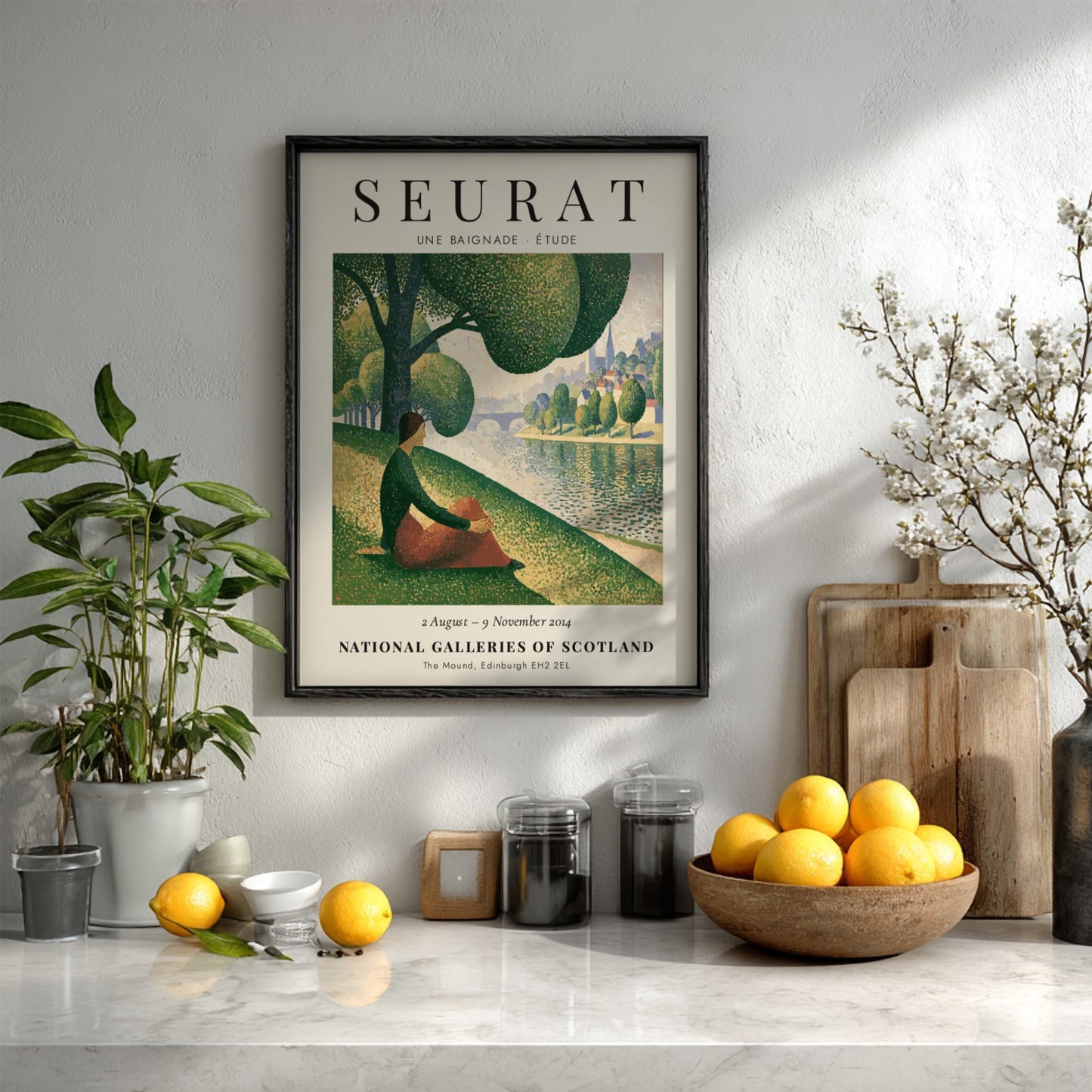 Art print of Seurat's Une Baignade featuring soft greens and warm tones in a tranquil riverside scene