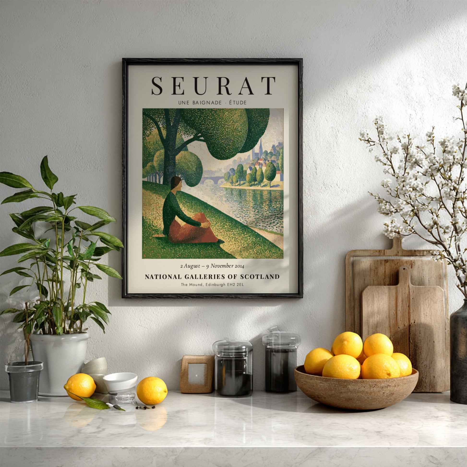 Art print of Seurat's Une Baignade featuring soft greens and warm tones in a tranquil riverside scene