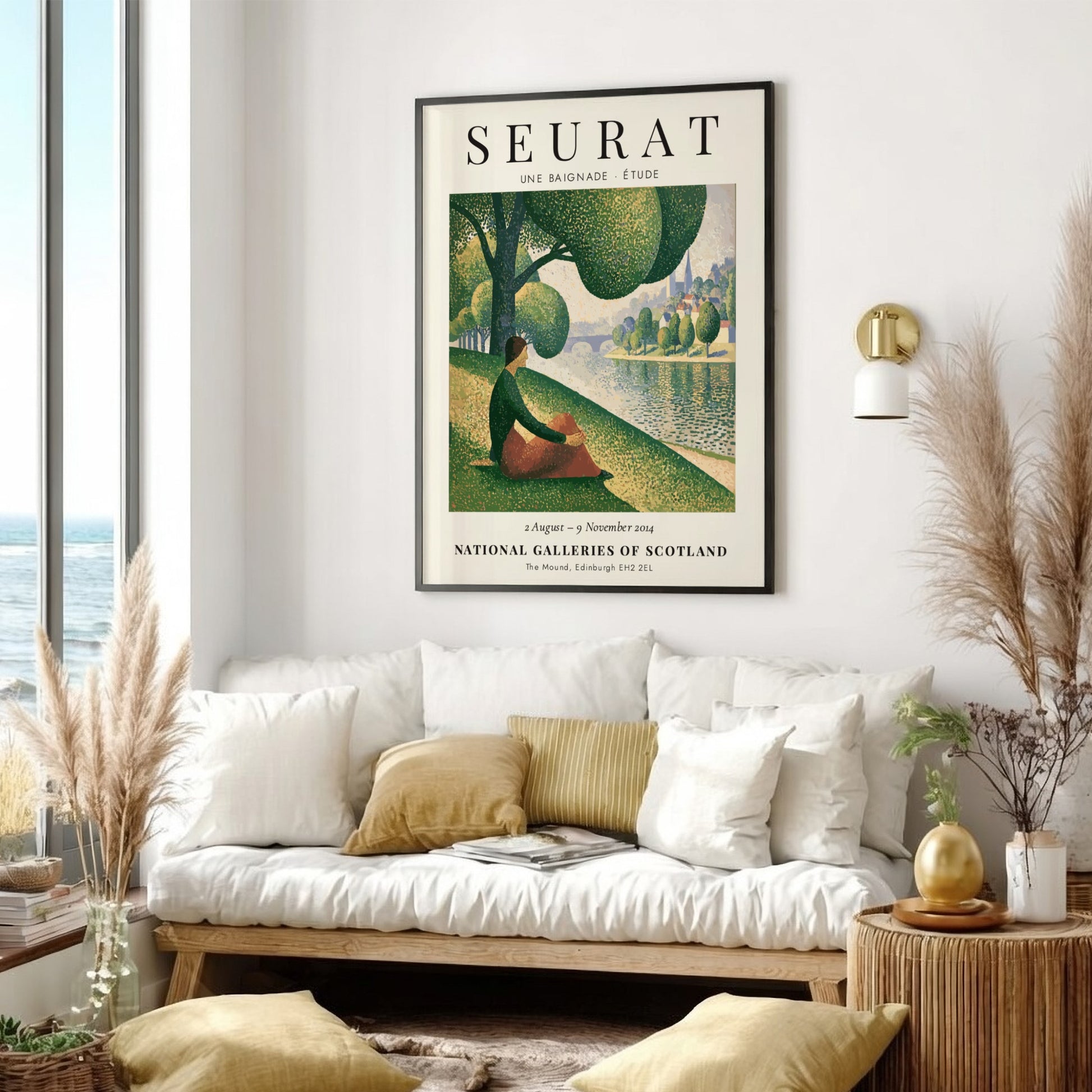 Art print of Seurat's Une Baignade featuring soft greens and warm tones in a tranquil riverside scene