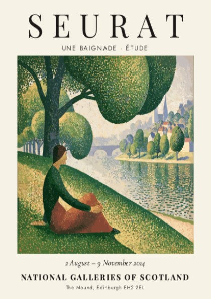 Art print of Seurat's Une Baignade featuring soft greens and warm tones in a tranquil riverside scene