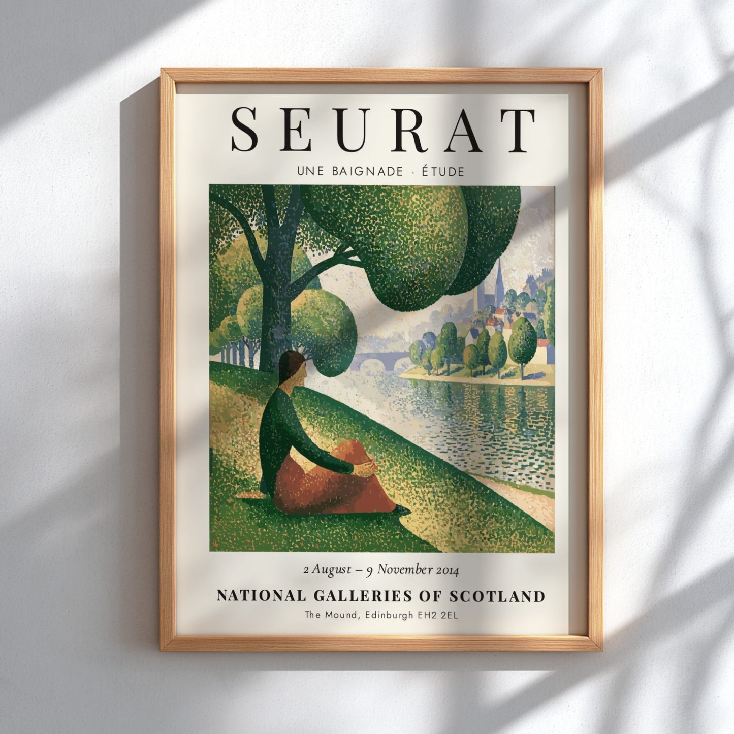 Art print of Seurat's Une Baignade featuring soft greens and warm tones in a tranquil riverside scene