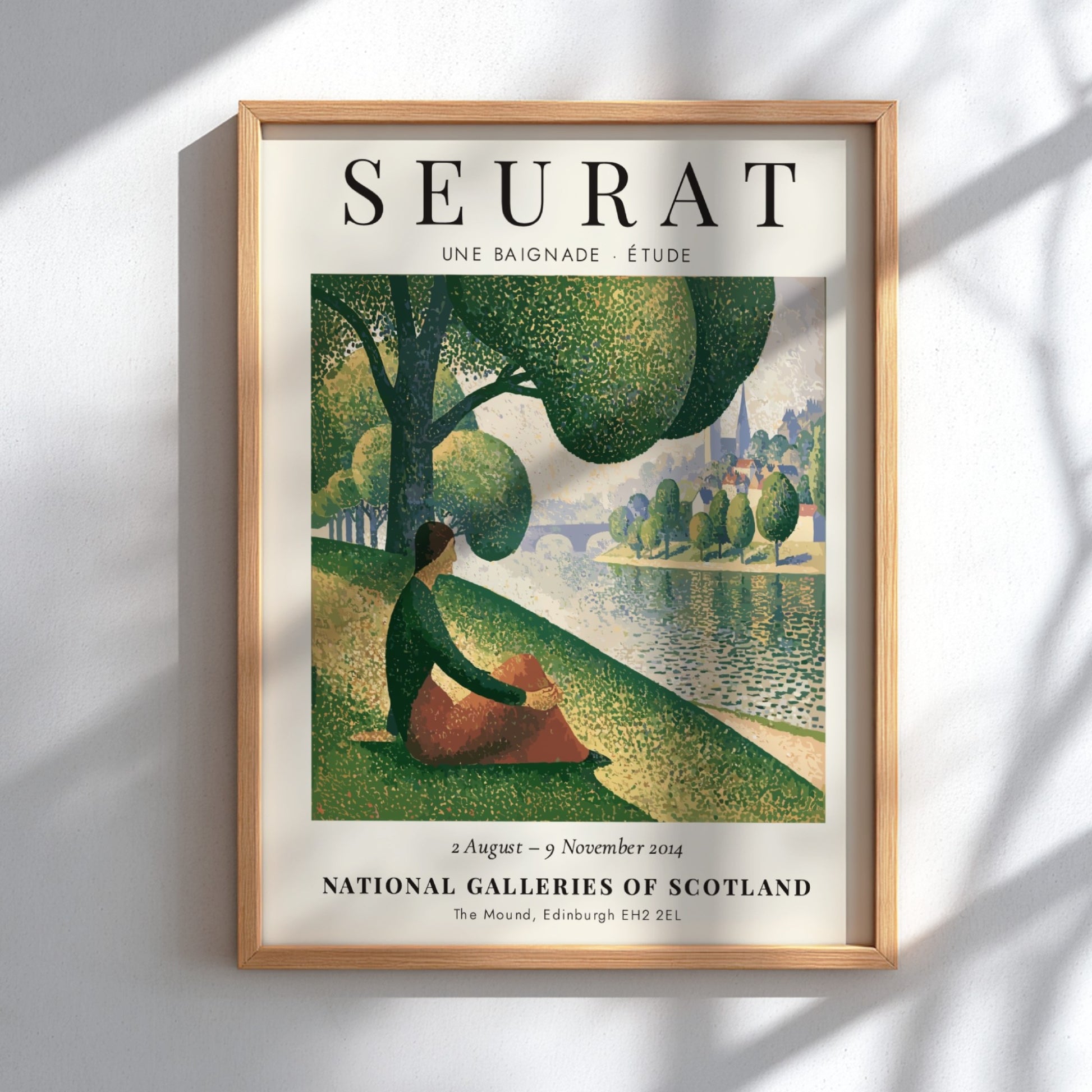 Art print of Seurat's Une Baignade featuring soft greens and warm tones in a tranquil riverside scene