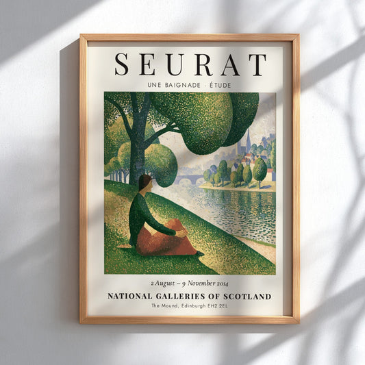 Art print of Seurat's Une Baignade featuring soft greens and warm tones in a tranquil riverside scene