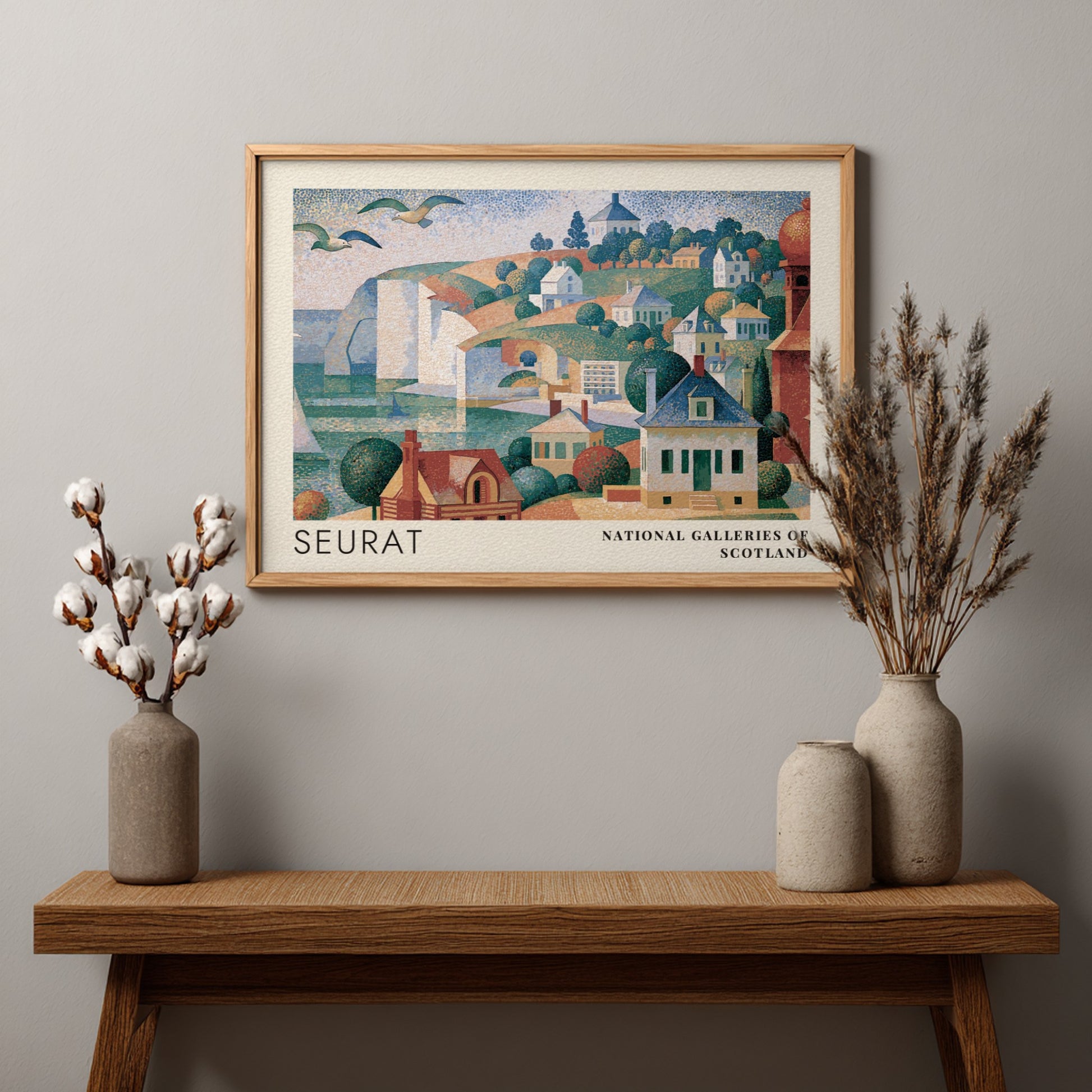 Wall art poster featuring Seurat's Grandcamp Evening landscape with coastal houses and cliffs