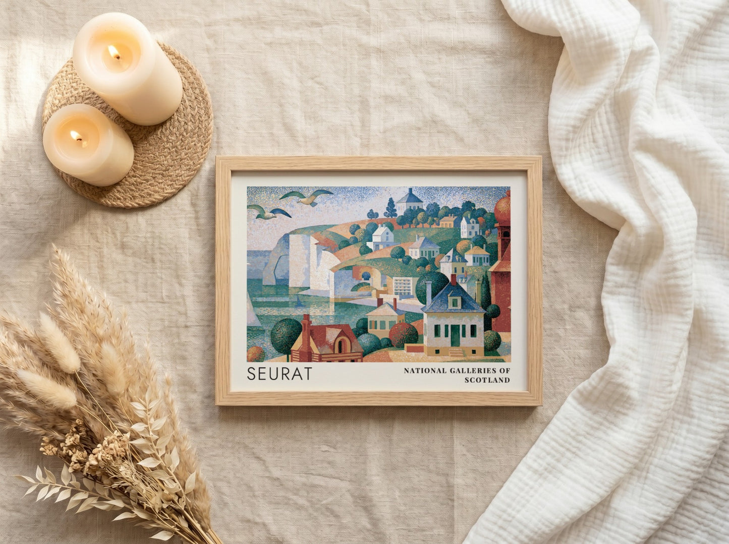 Wall art poster featuring Seurat's Grandcamp Evening landscape with coastal houses and cliffs
