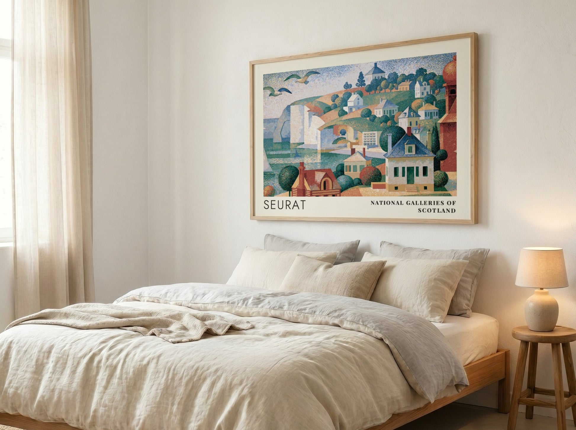 Wall art poster featuring Seurat's Grandcamp Evening landscape with coastal houses and cliffs