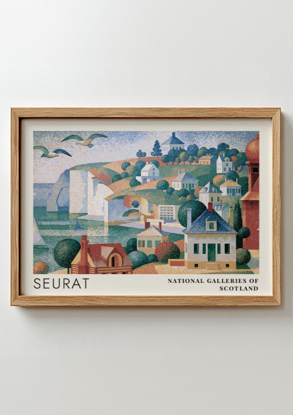 Wall art poster featuring Seurat's Grandcamp Evening landscape with coastal houses and cliffs