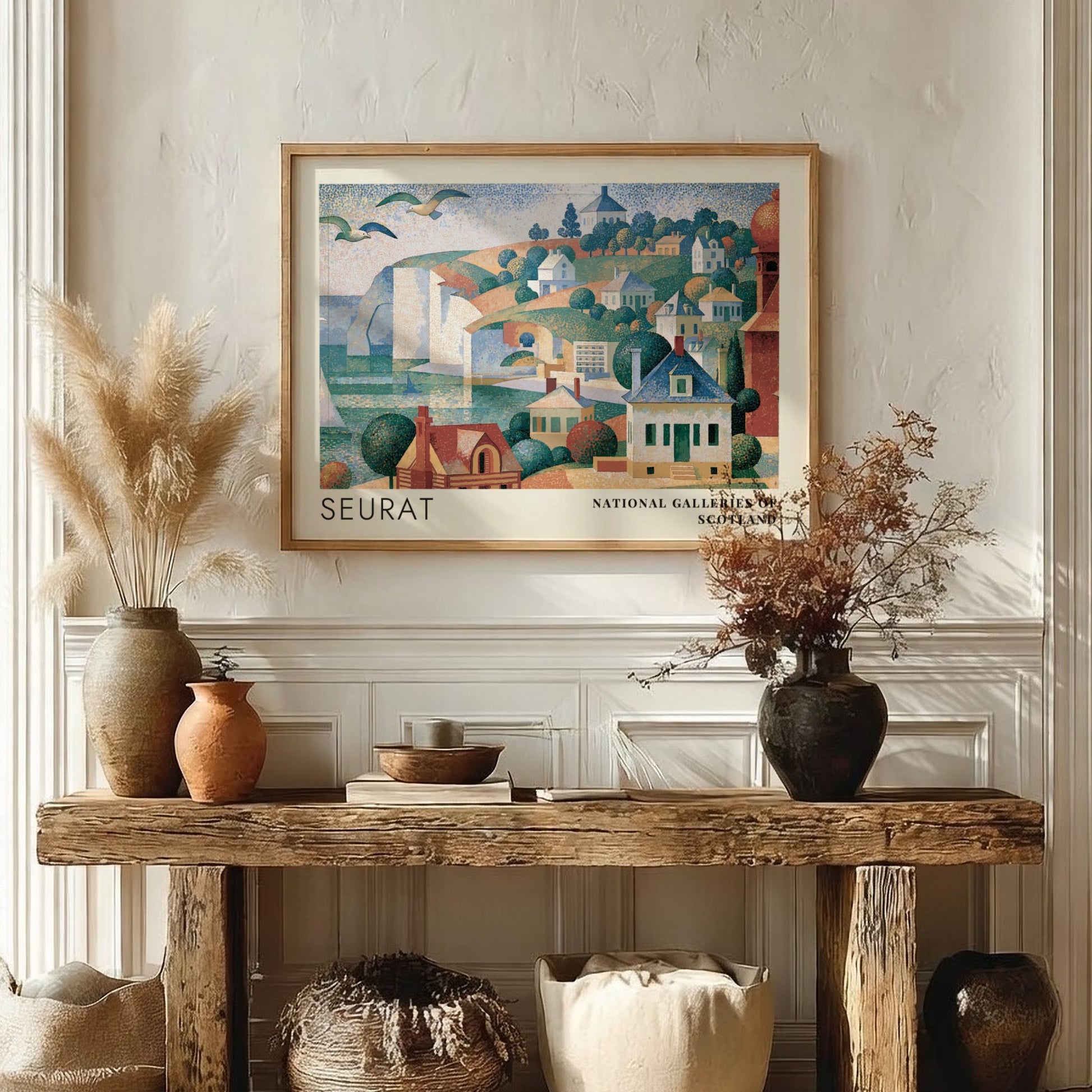 Wall art poster featuring Seurat's Grandcamp Evening landscape with coastal houses and cliffs