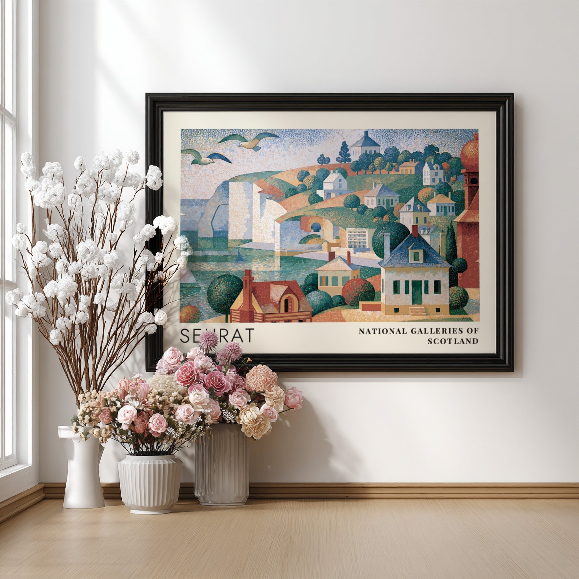 Wall art poster featuring Seurat's Grandcamp Evening landscape with coastal houses and cliffs