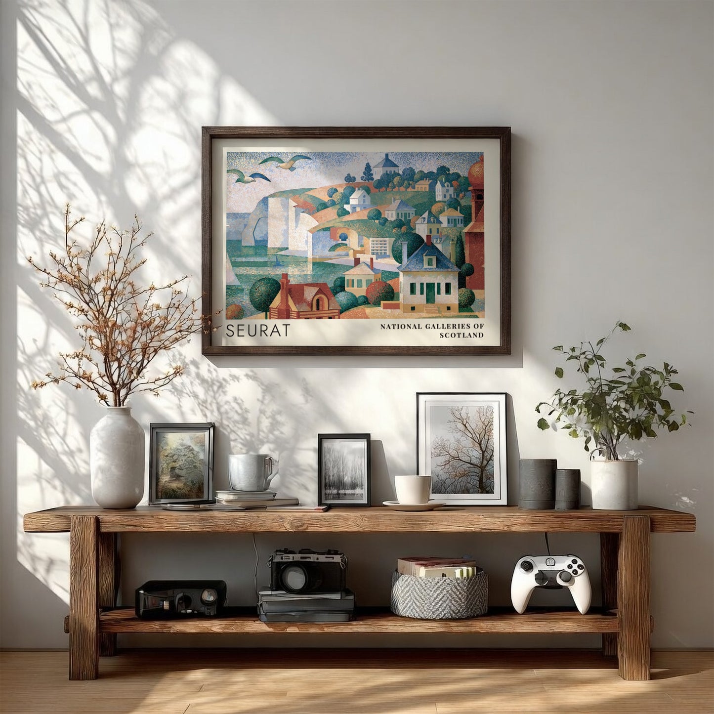 Wall art poster featuring Seurat's Grandcamp Evening landscape with coastal houses and cliffs