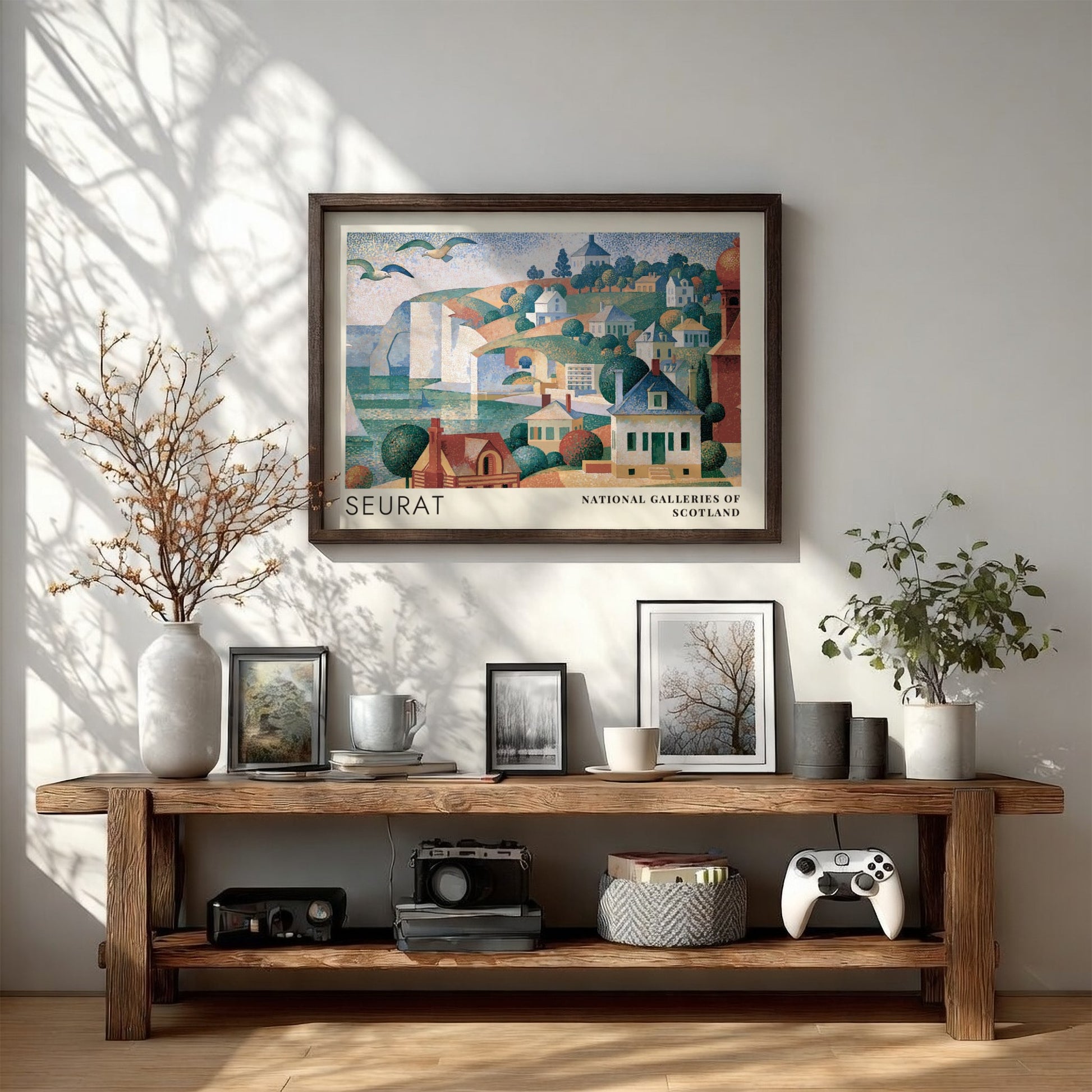 Wall art poster featuring Seurat's Grandcamp Evening landscape with coastal houses and cliffs