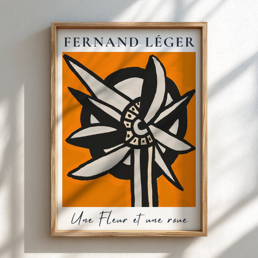 Fernand Léger "Une Fleur et une roue" poster with abstract flower/wheel design on orange background.