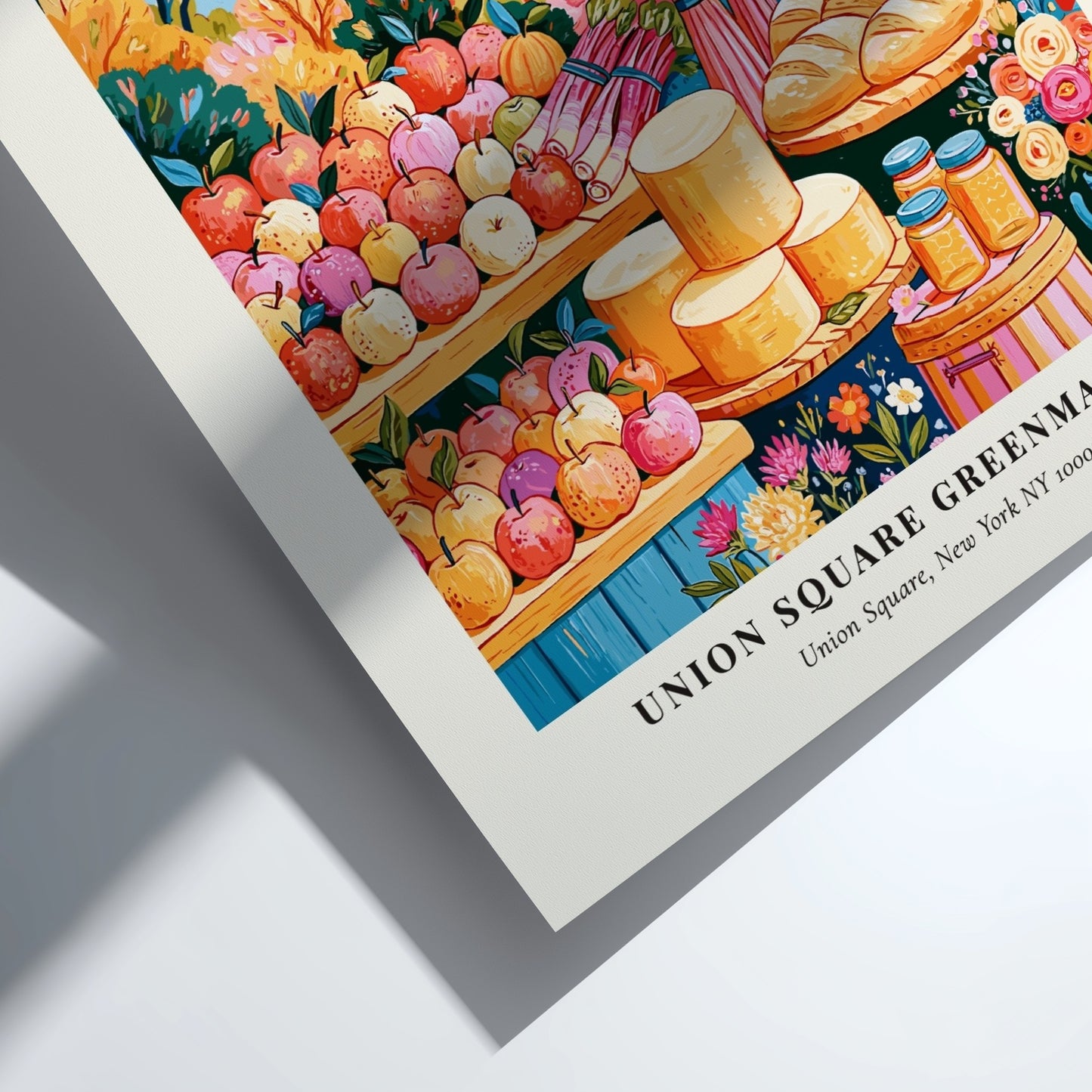 Farmers market poster featuring colorful produce and New York skyline