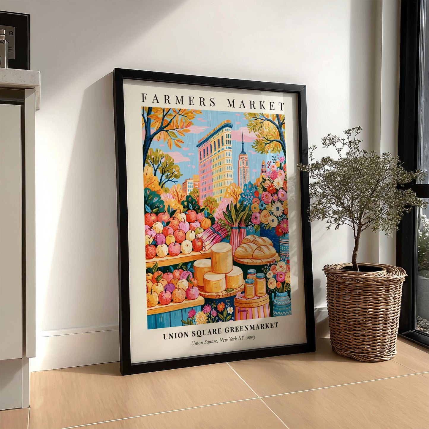 Farmers market poster featuring colorful produce and New York skyline