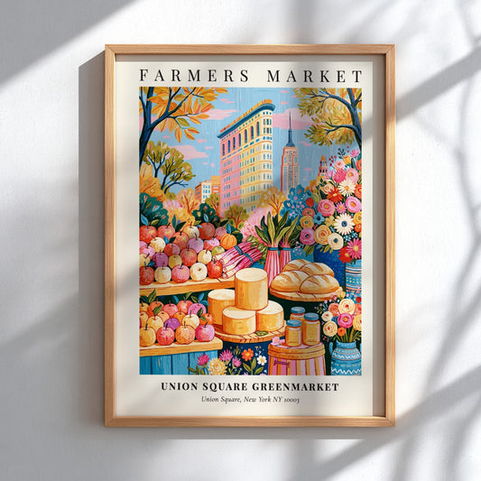 Farmers market poster featuring colorful produce and New York skyline