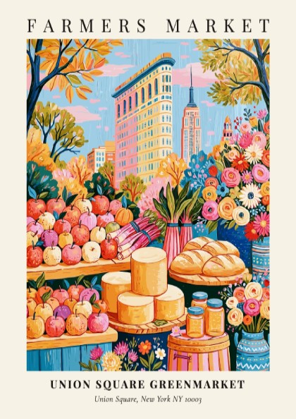 Farmers market poster featuring colorful produce and New York skyline