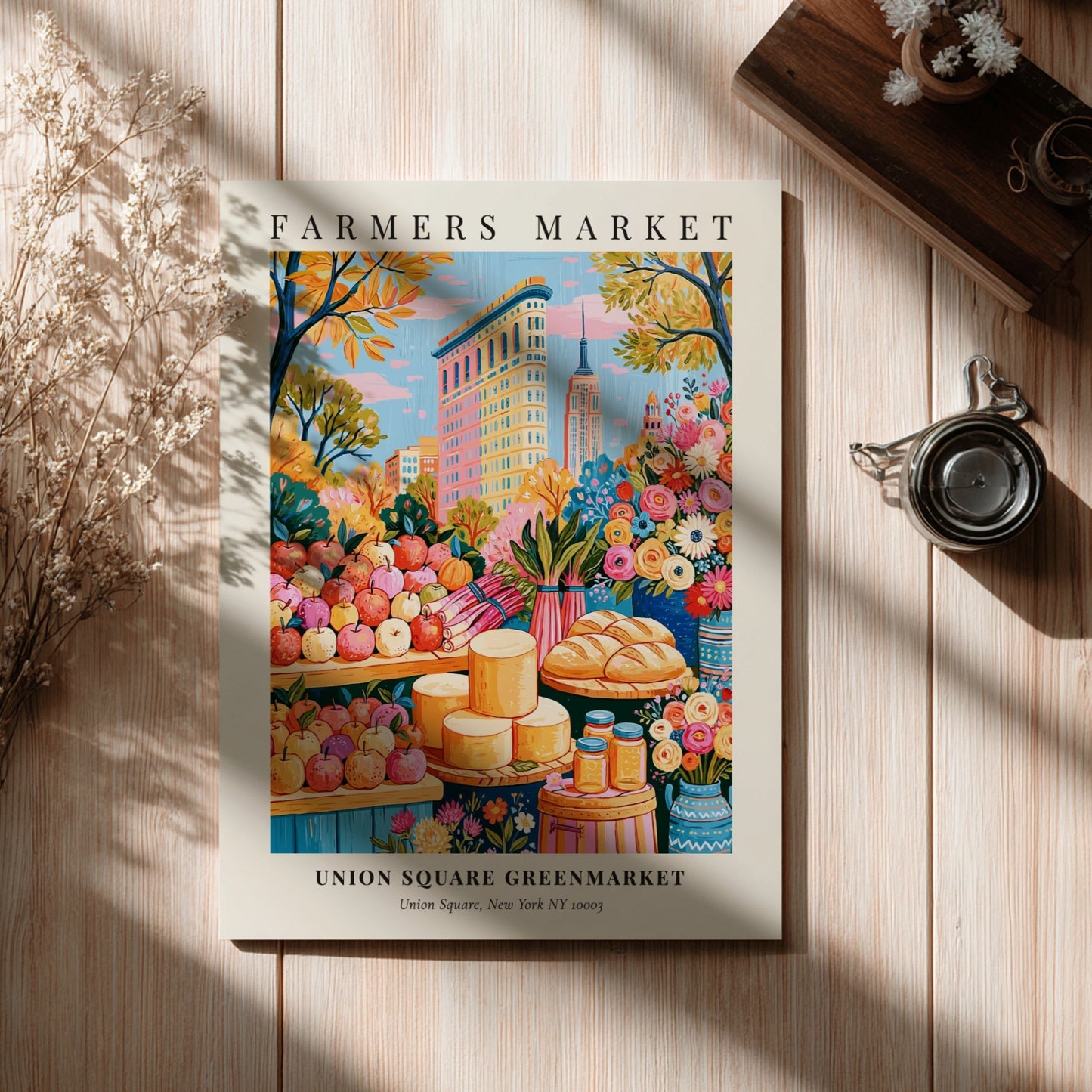 Farmers market poster featuring colorful produce and New York skyline