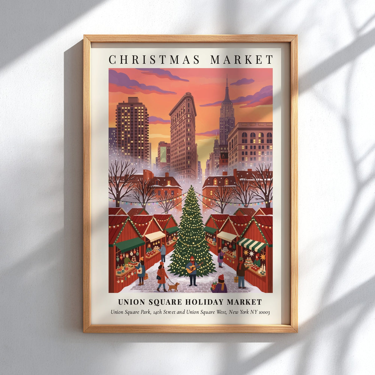 Christmas poster of Union Square Holiday Market with NYC skyline under sunset sky