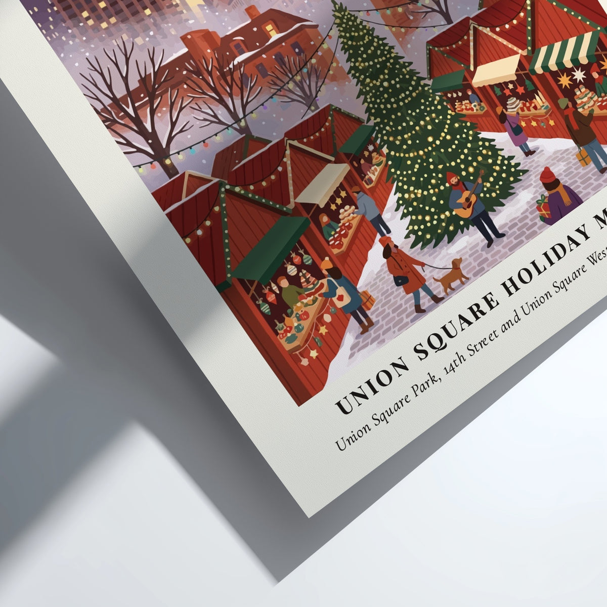 Christmas poster of Union Square Holiday Market with NYC skyline under sunset sky