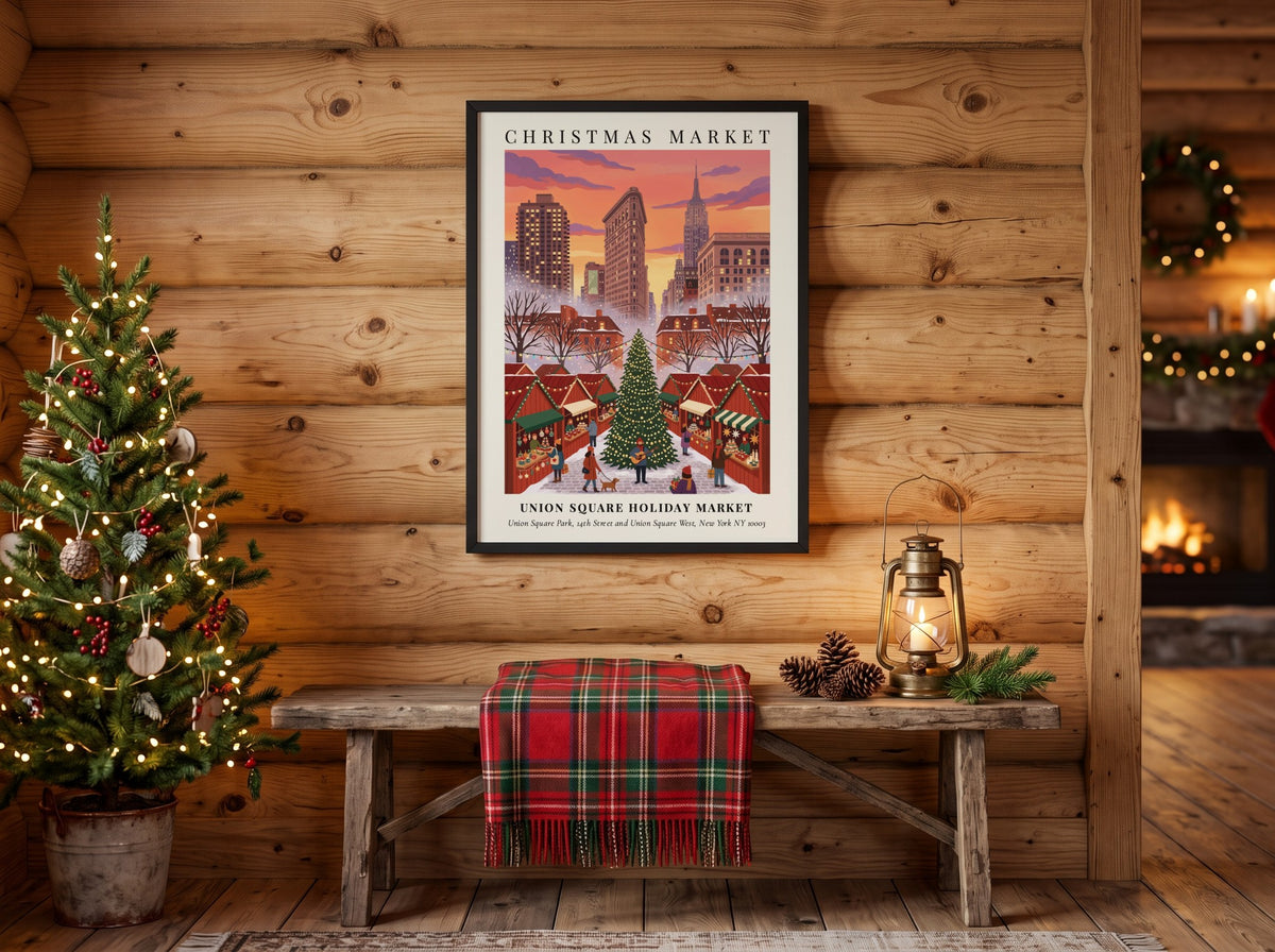 Christmas poster of Union Square Holiday Market with NYC skyline under sunset sky