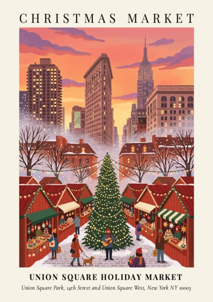 Christmas poster of Union Square Holiday Market with NYC skyline under sunset sky