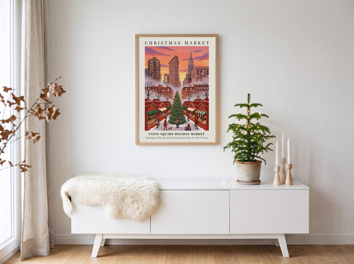 Christmas poster of Union Square Holiday Market with NYC skyline under sunset sky
