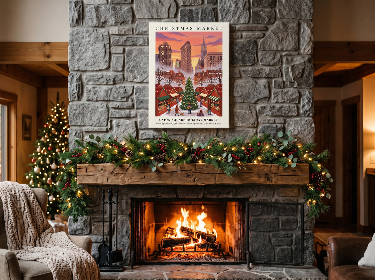 Christmas poster of Union Square Holiday Market with NYC skyline under sunset sky