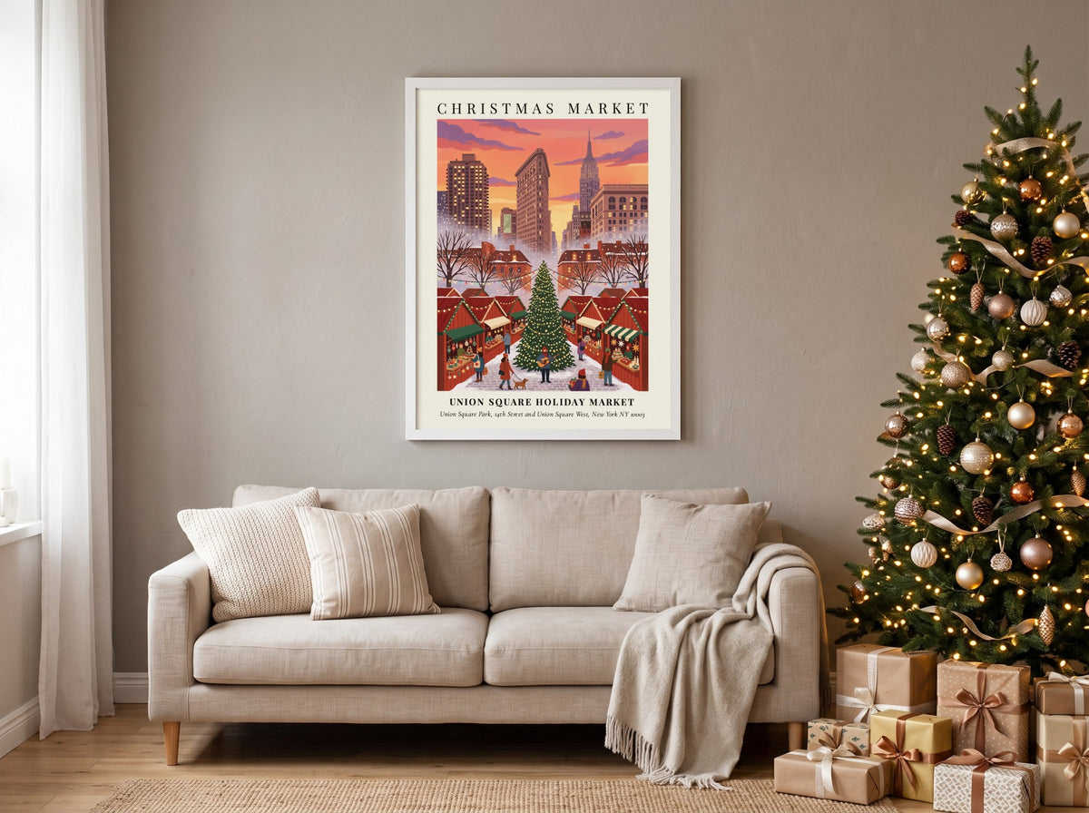 Christmas poster of Union Square Holiday Market with NYC skyline under sunset sky