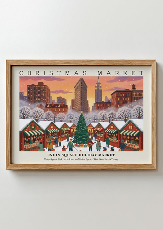 Poster of the Union Square Holiday Market in New York during a festive sunset.