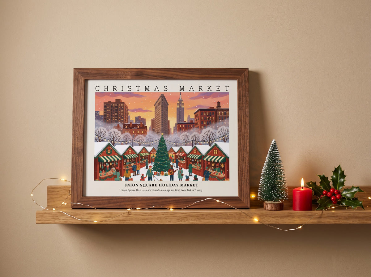 Poster of the Union Square Holiday Market in New York during a festive sunset.