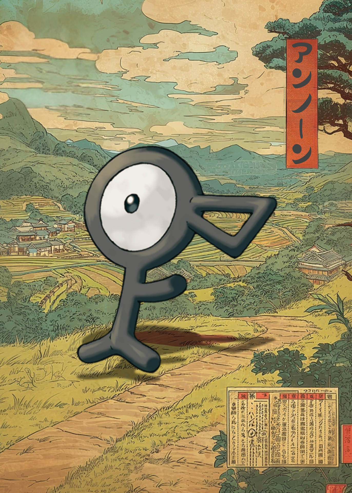 Unown Pokemon in a scenic Japanese village setting