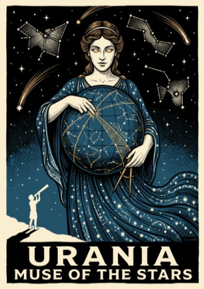 Poster featuring Urania the muse holding a celestial globe with stars and constellations