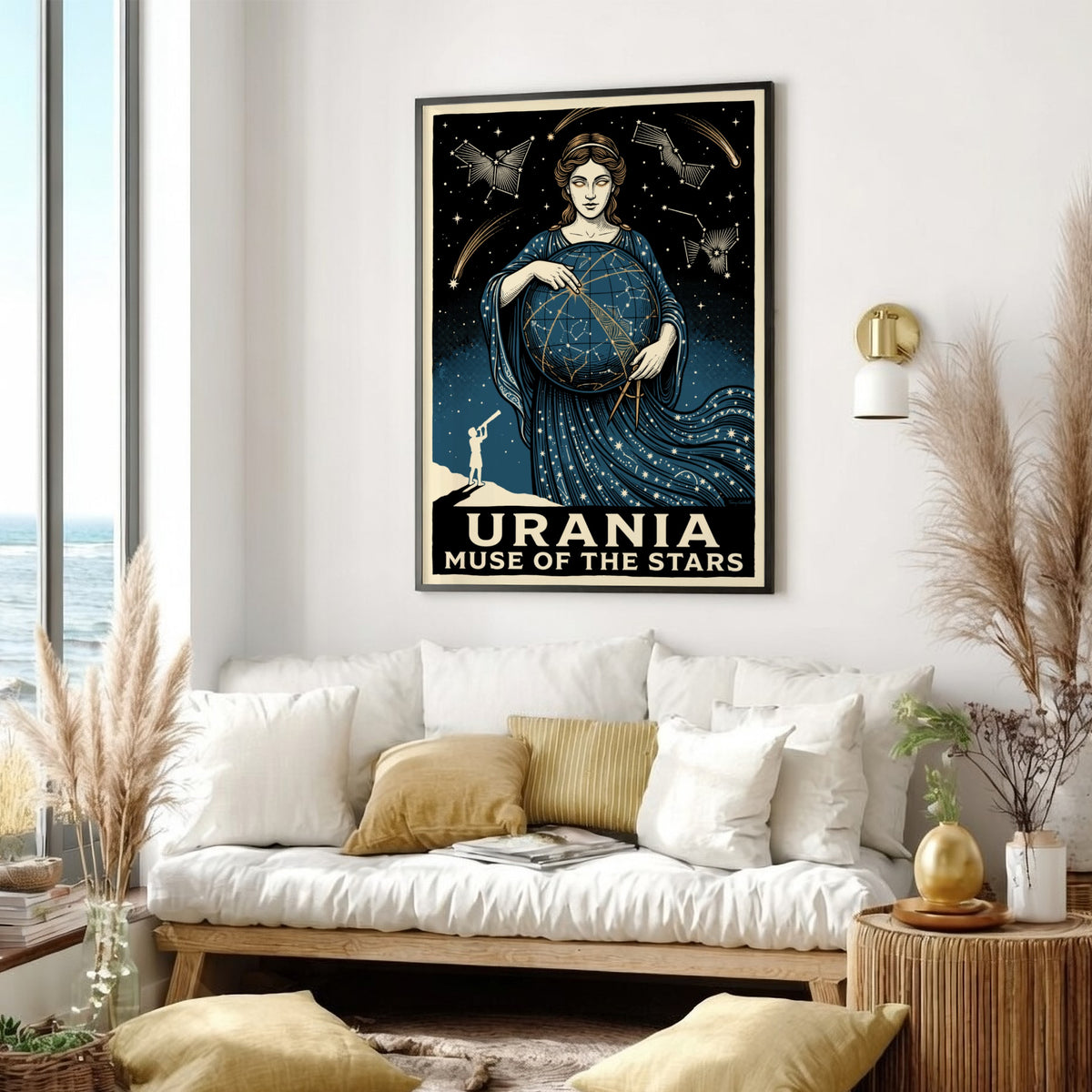 Poster featuring Urania the muse holding a celestial globe with stars and constellations