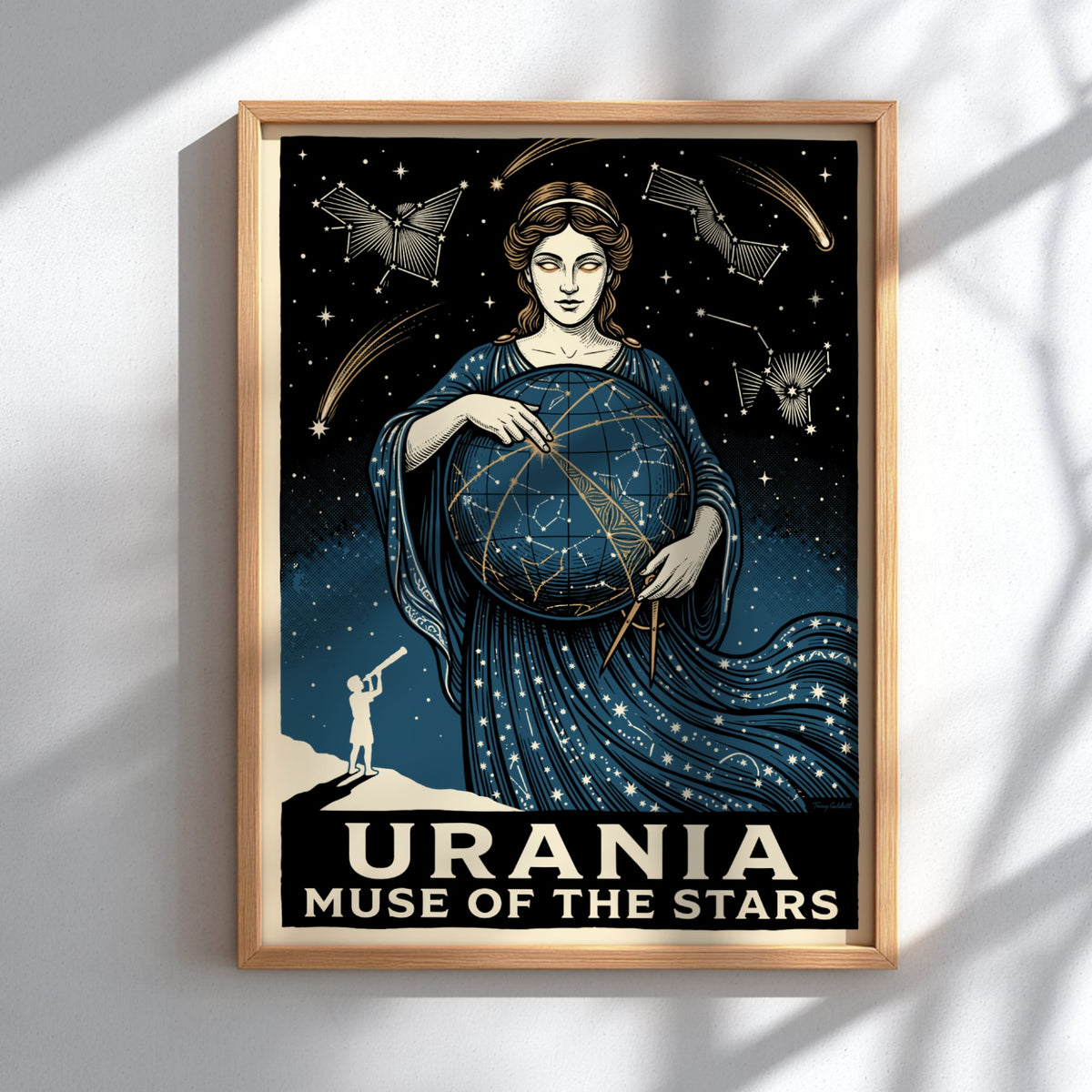 Poster featuring Urania the muse holding a celestial globe with stars and constellations