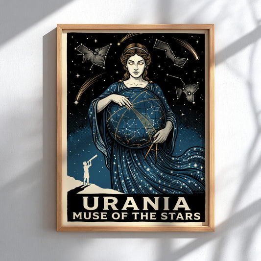 Poster featuring Urania the muse holding a celestial globe with stars and constellations