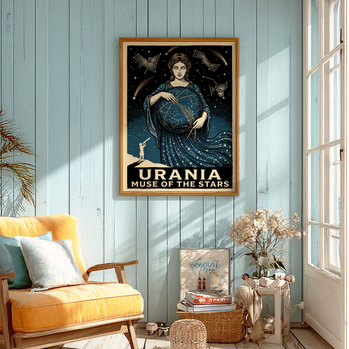 Poster featuring Urania the muse holding a celestial globe with stars and constellations