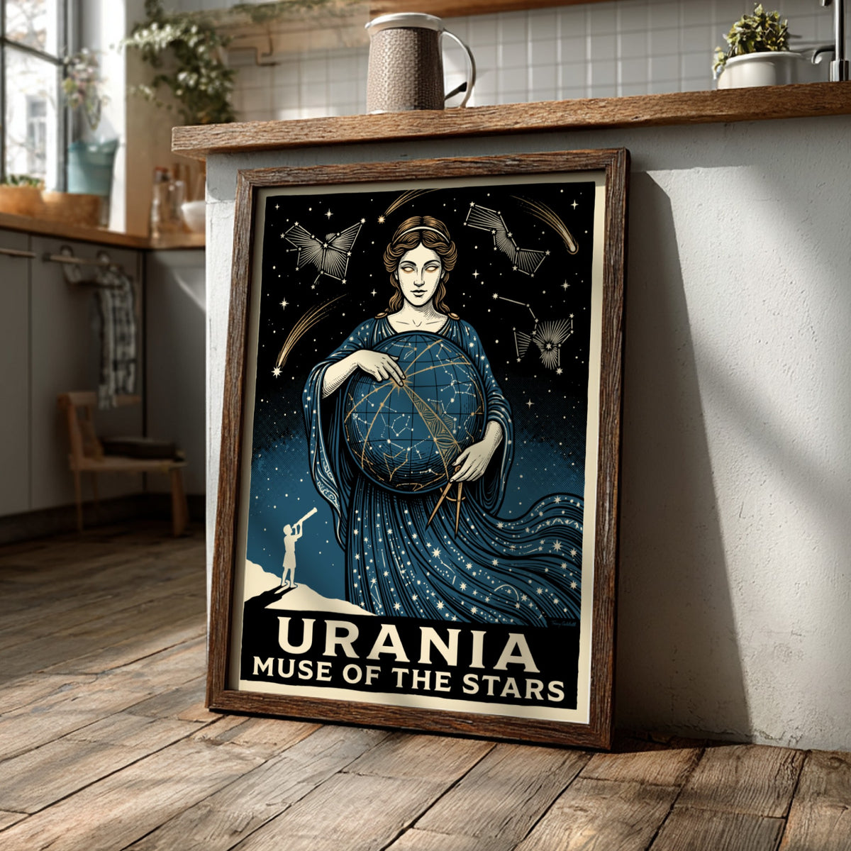 Poster featuring Urania the muse holding a celestial globe with stars and constellations