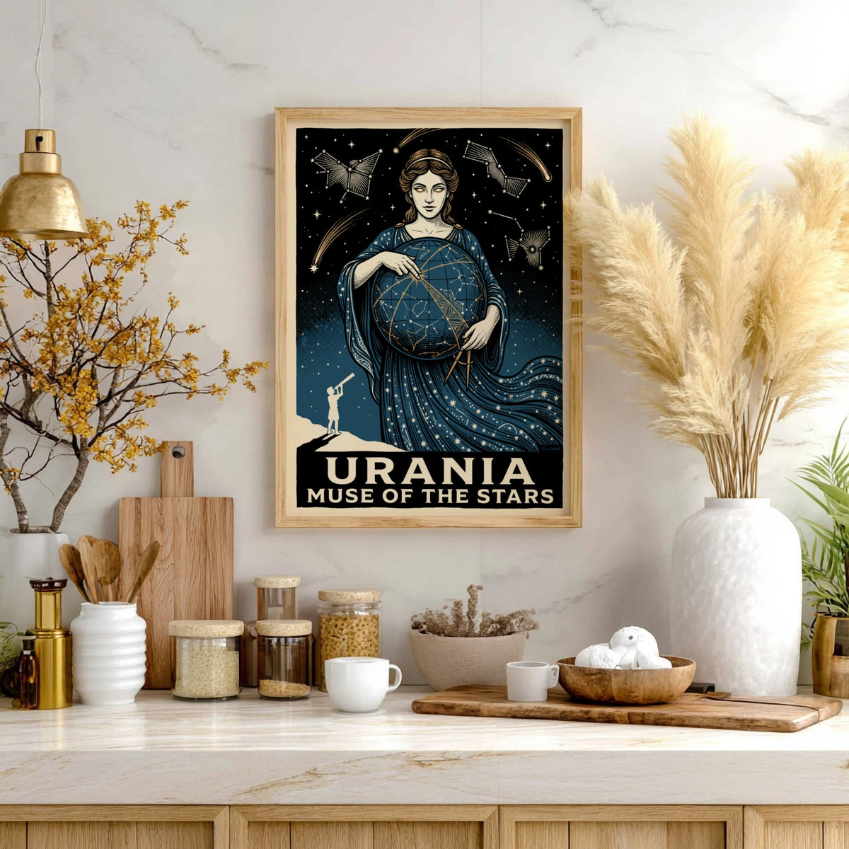 Poster featuring Urania the muse holding a celestial globe with stars and constellations