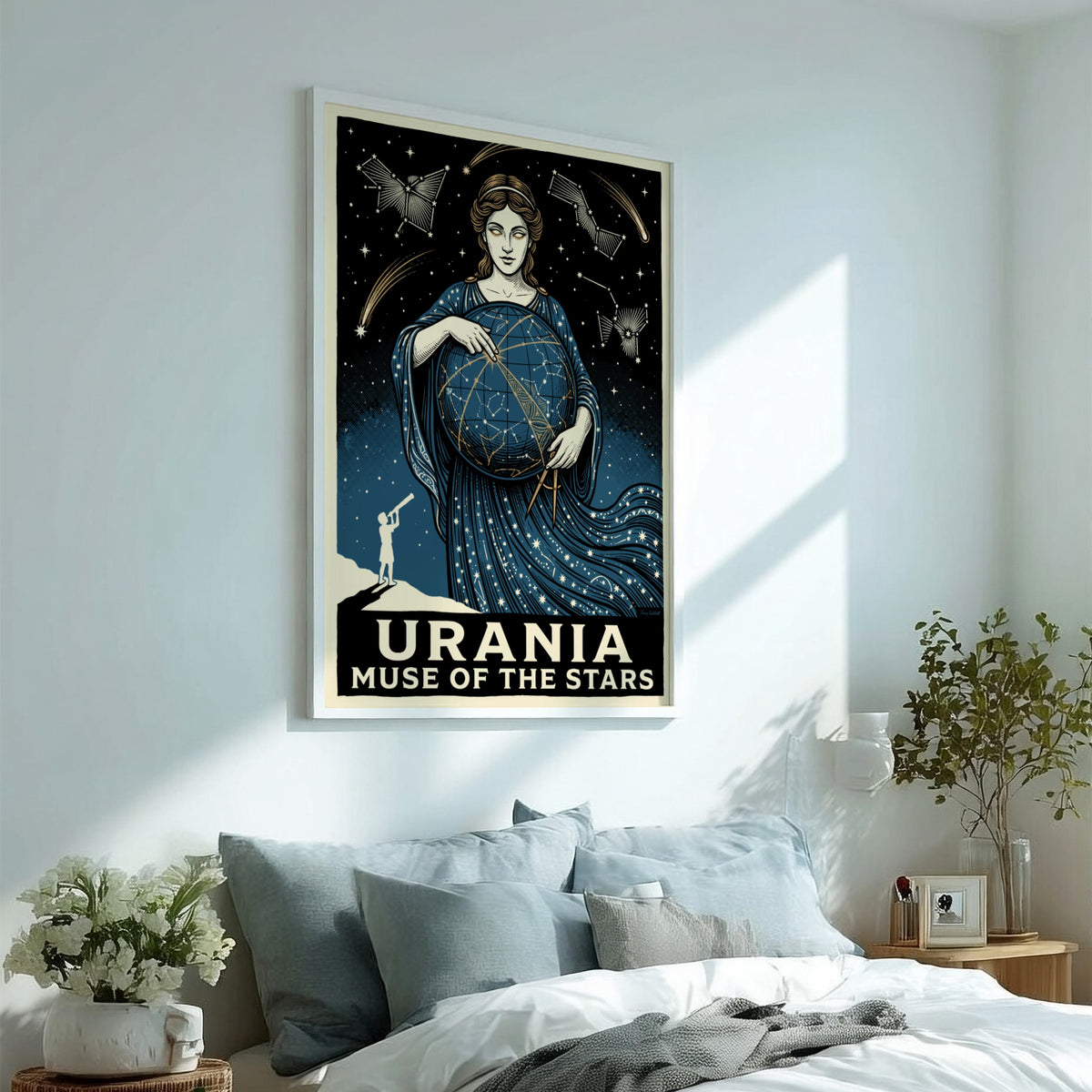 Poster featuring Urania the muse holding a celestial globe with stars and constellations