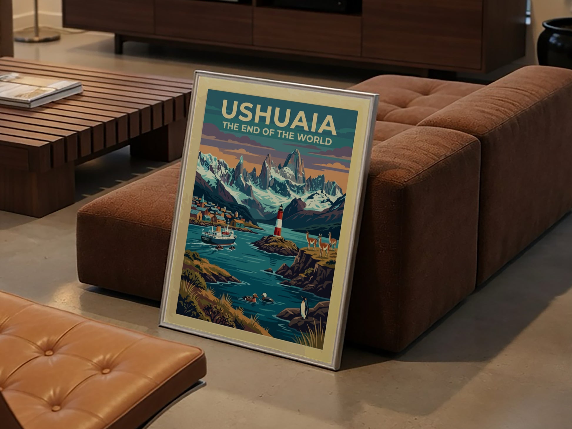 South America travel poster of Ushuaia with snow-capped mountains, red lighthouse, and wildlife.